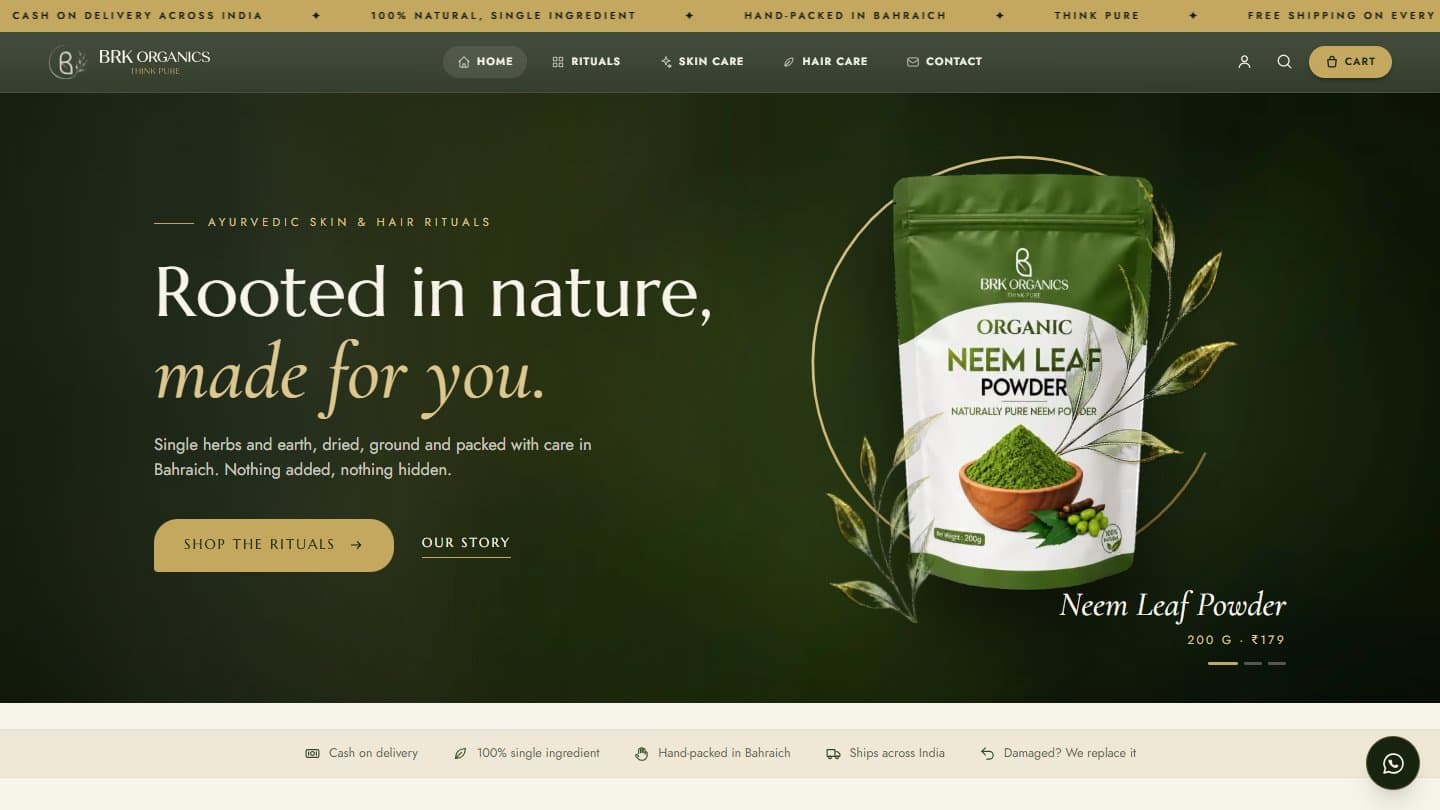 Screenshot of the live BRK Organics site, built by Mt7