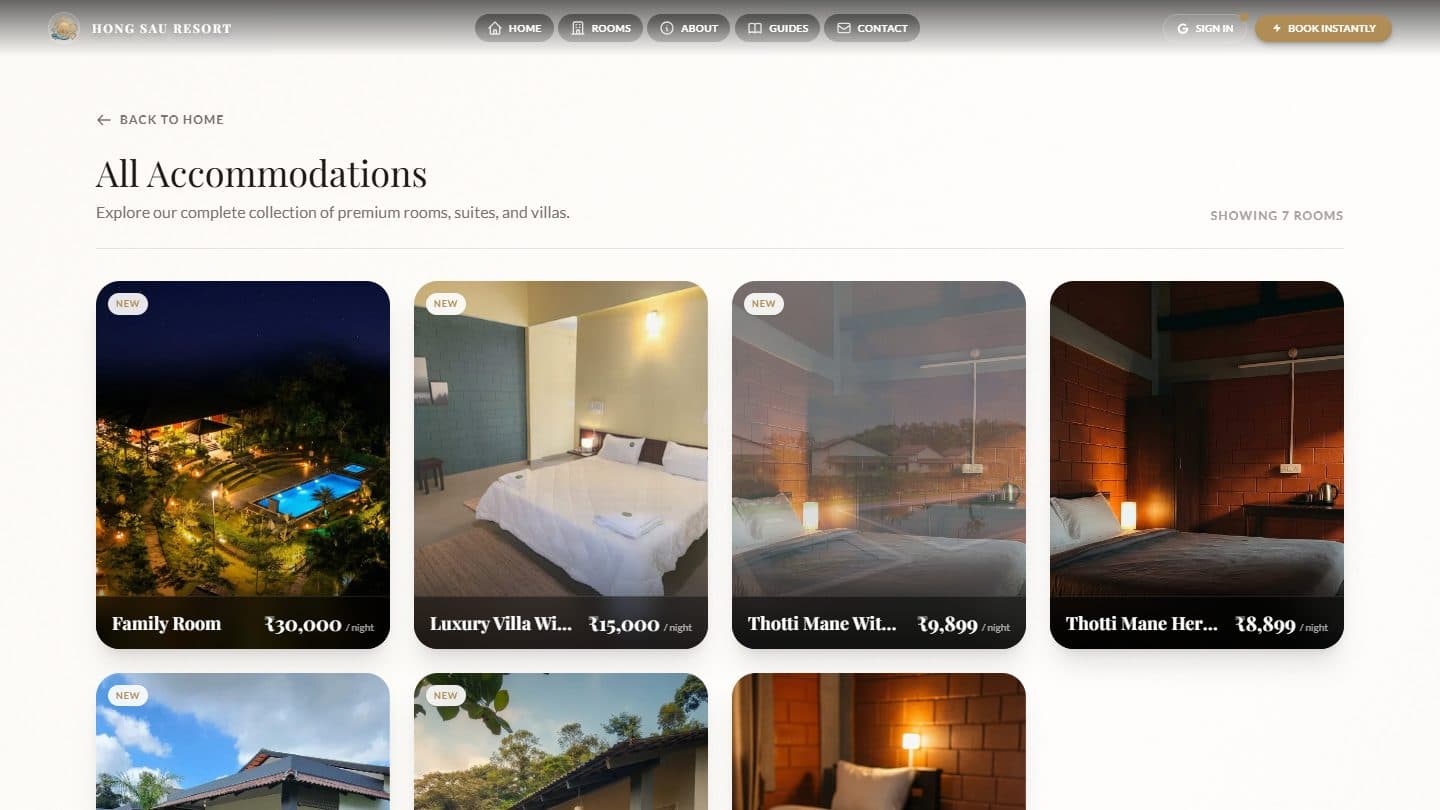 Hong Sau Resort's seven room types with live prices on desktop