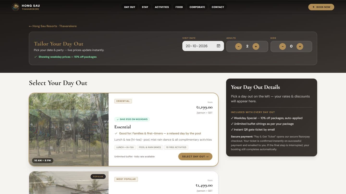 Hong Sau Thavarekere's day-out booking with live weekday prices, built by Mt7